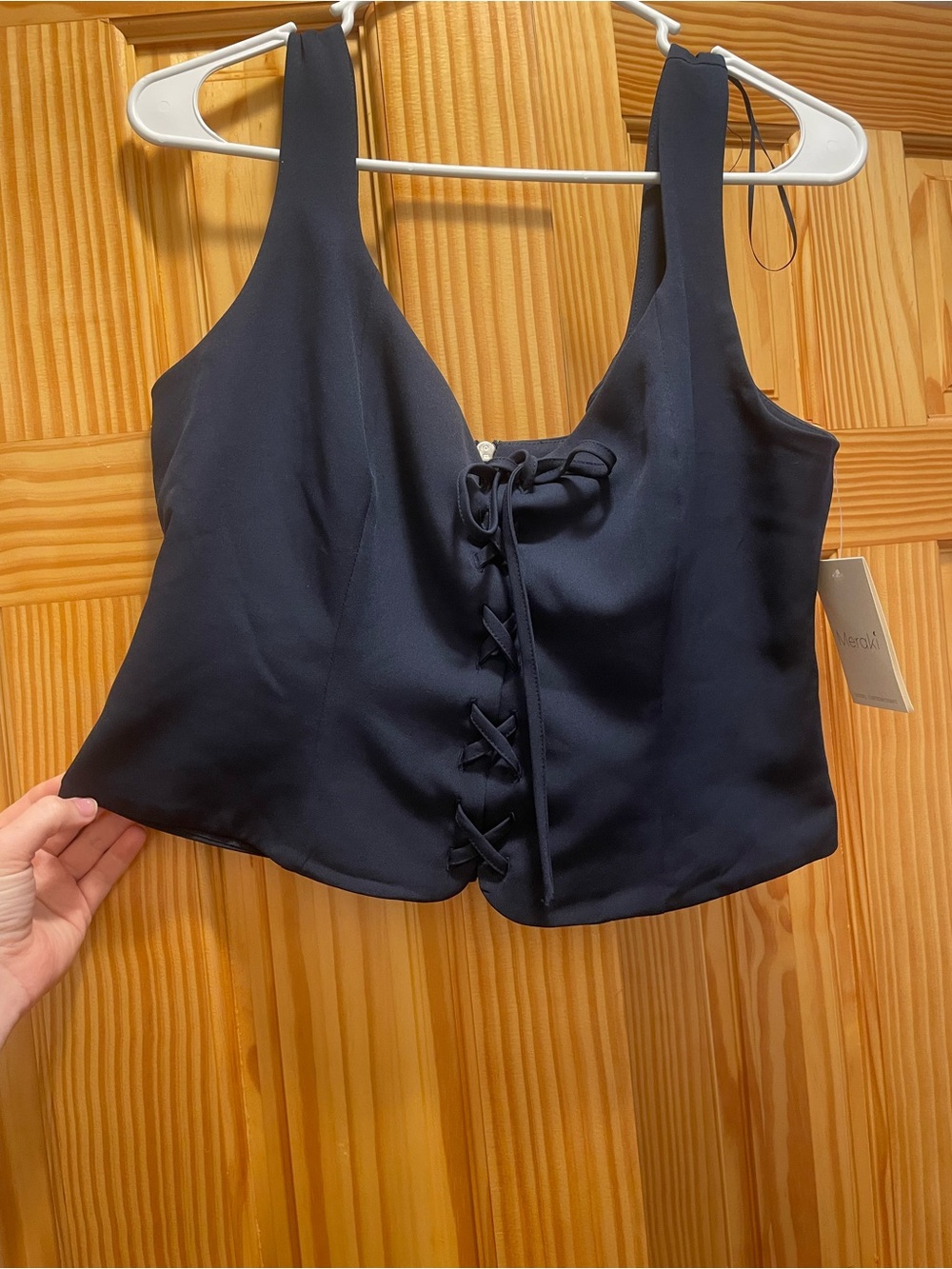 Meraki Navy Satin Lace-Up Crop Top